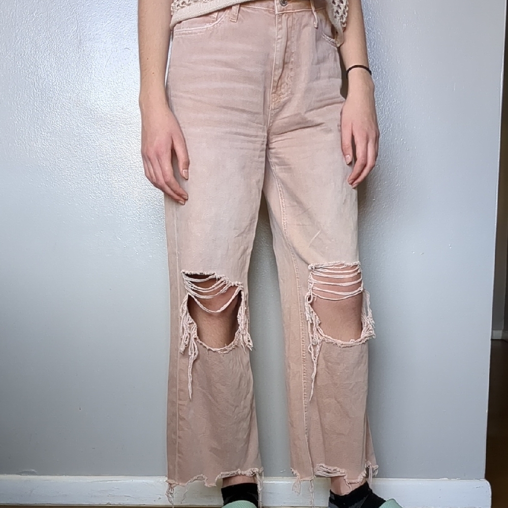 Distressed Vervet Jeans Womens 25 Tan Flare High Rise 90s Vintage Crop Grunge